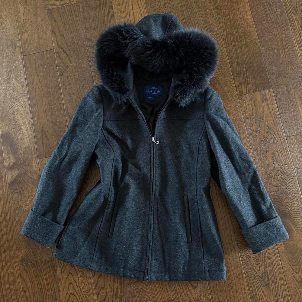 Mackintosh New England Wool Coat w/ Genuine Fox Fur Hood Trim